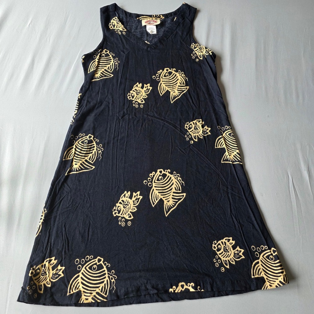 Peppermint Bay Black Rayon Fish Print Sleeveless V Neck Dress Medium 90s Vintage